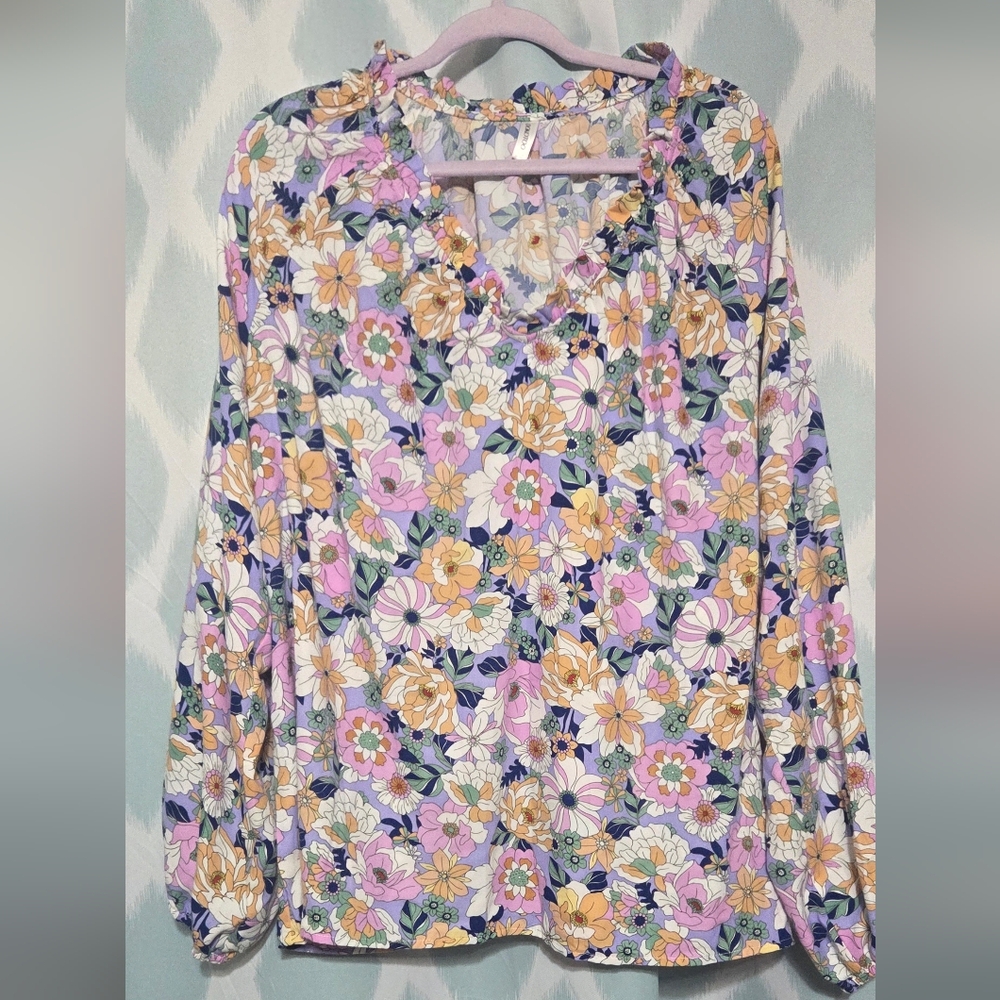 Floral Flowy Blouse - Lavender, Peach & White